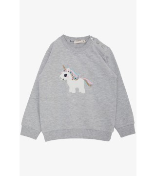 Kız Çocuk Sweatshirt Sevimli Unicorn Nakışlı Yıldızlı Açık Gri Melanj (1.5-5 Yaş)