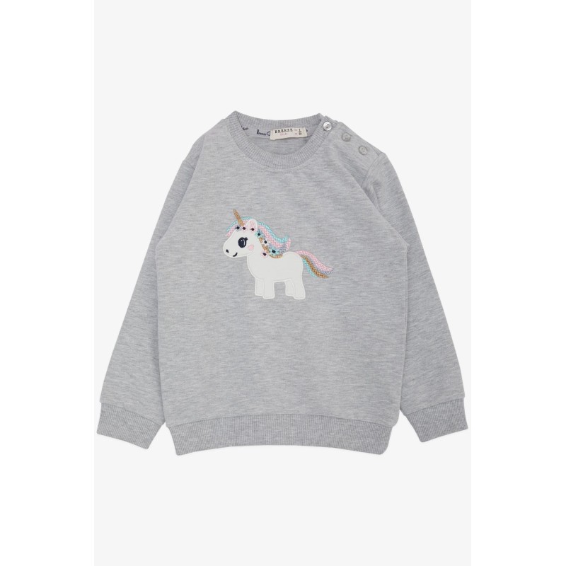 Kız Çocuk Sweatshirt Sevimli Unicorn Nakışlı Yıldızlı Açık Gri Melanj (1.5-5 Yaş)