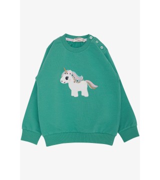Kız Çocuk Sweatshirt Sevimli Unicorn Nakışlı Yıldızlı Yeşil (1.5-5 Yaş)