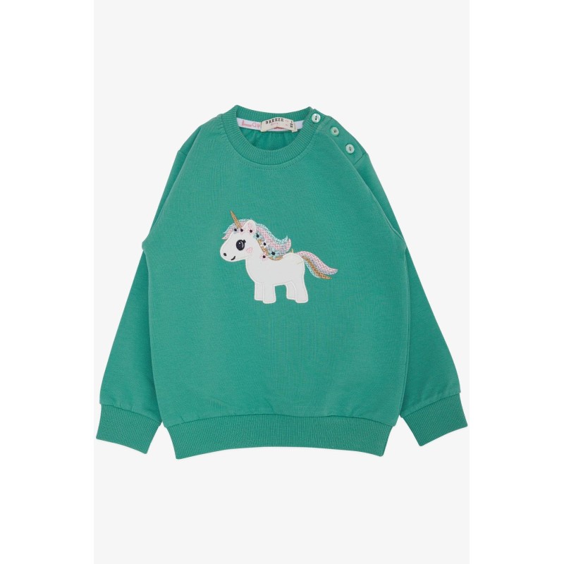 Kız Çocuk Sweatshirt Sevimli Unicorn Nakışlı Yıldızlı Yeşil (1.5-5 Yaş)
