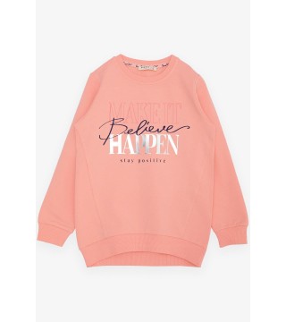 Kız Çocuk Sweatshirt Yaldızlı Yazı Baskılı Somon (6-12 Yaş)