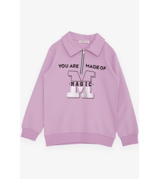 Kız Çocuk Sweatshirt Magıc Yazı Baskılı Yarım Fermuarlı Polo Yaka Lila (8-14 Yaş)