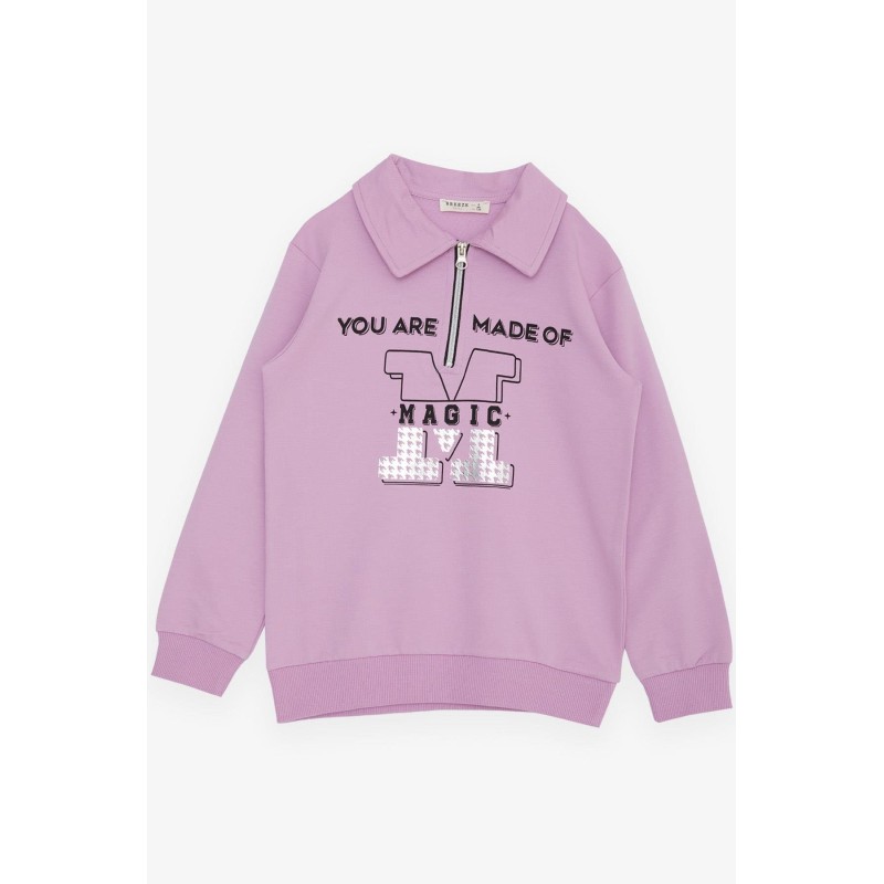 Kız Çocuk Sweatshirt Magıc Yazı Baskılı Yarım Fermuarlı Polo Yaka Lila (8-14 Yaş)
