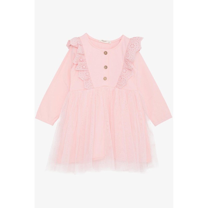 Kız Çocuk Uzun Kollu Elbise Tüllü Güpürlü Pembe (1.5-5 Yaş)