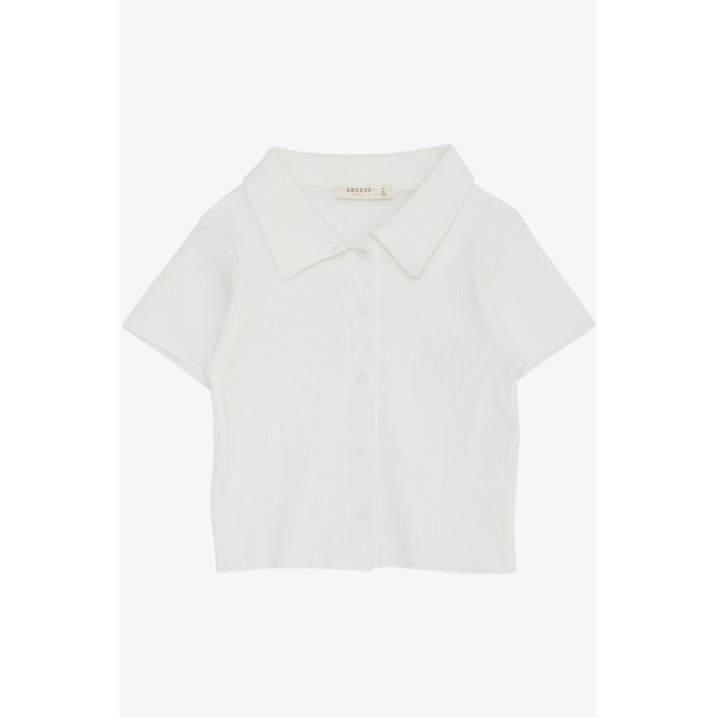 Kız Çocuk Tişört Crop Çıtçıtlı Fitilli Ekru (9-14 Yaş)