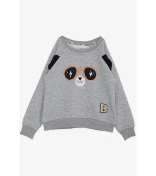 Erkek Çocuk Sweatshirt Sevimli Ayıcık Baskılı Kulakları Hareketli Gri Melanj (2-6 Yaş)