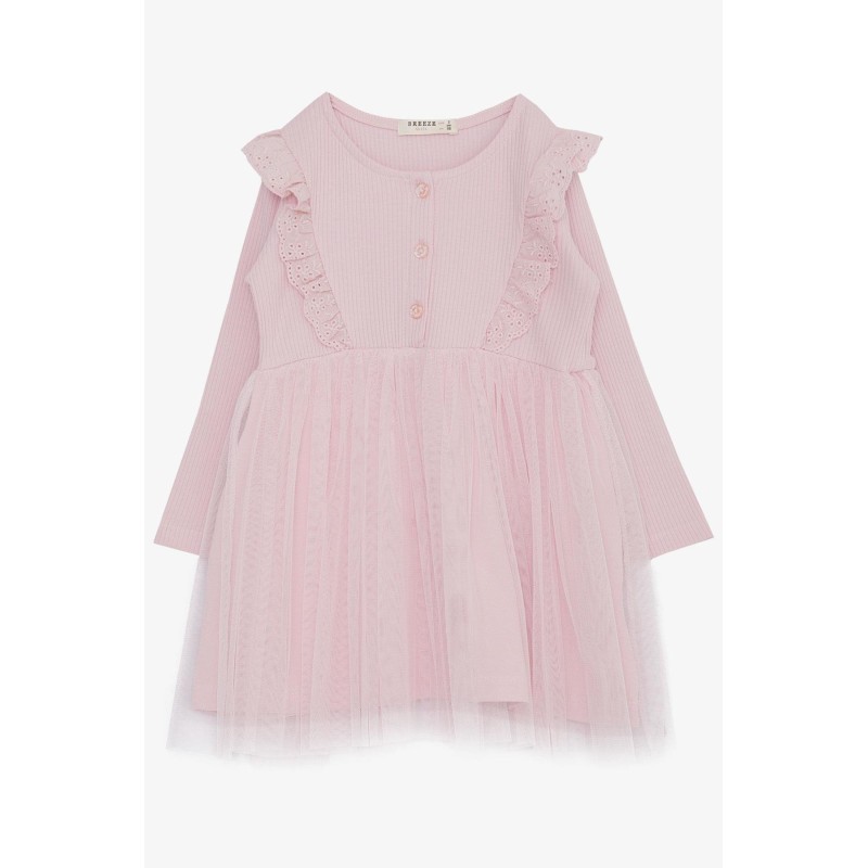 Kız Çocuk Uzun Kollu Elbise Düğmeli Güpürlü Tüllü Pembe (1.5-5 Yaş)