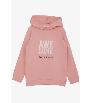 Kız Çocuk Sweatshirt Kapüşonlu Simli Yazı Baskılı Gülkurusu (5-10 Yaş)
