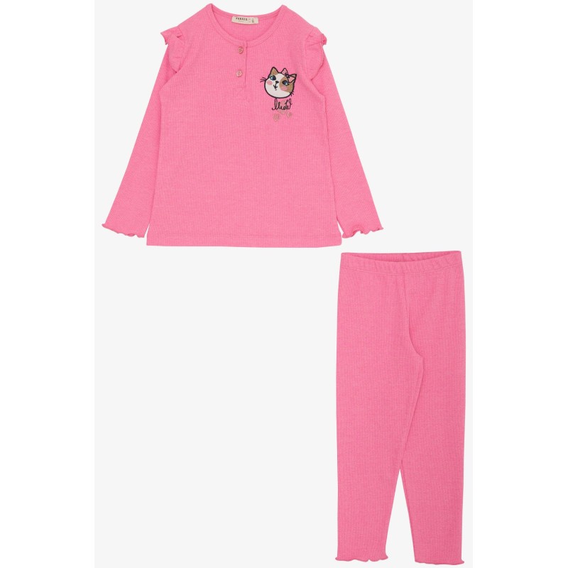 Kız Çocuk Taytlı Takım Sevimli Kedicik Nakışlı Neon Pembe (1-4 Yaş)