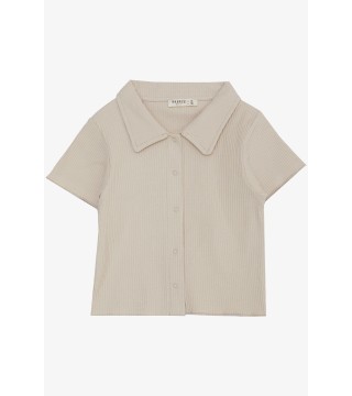 Kız Çocuk Tişört Crop Çıtçıtlı Fitilli Bej (9-14 Yaş)