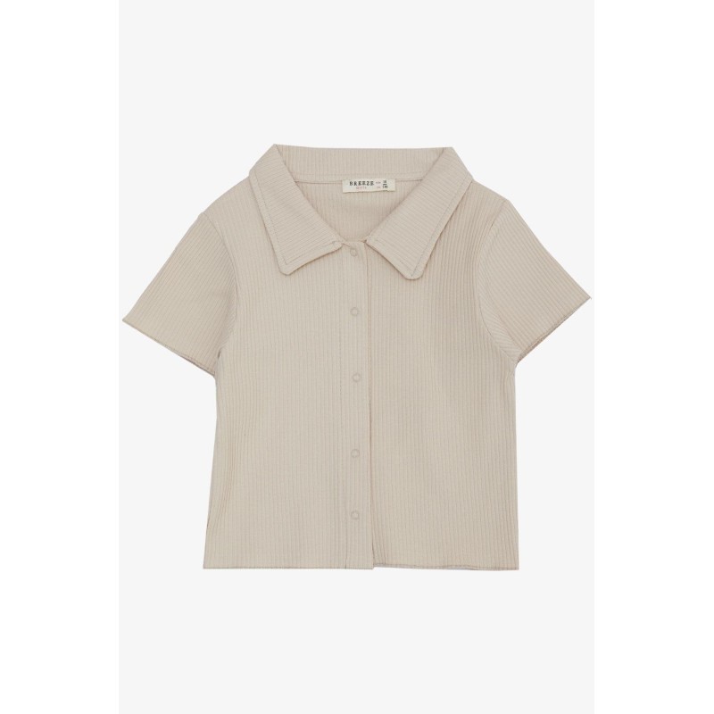 Kız Çocuk Tişört Crop Çıtçıtlı Fitilli Bej (9-14 Yaş)