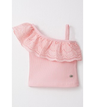 Kız Çocuk Crop Tişört Tek Omuzlu Güpür Detaylı Pembe (2-6 Yaş)