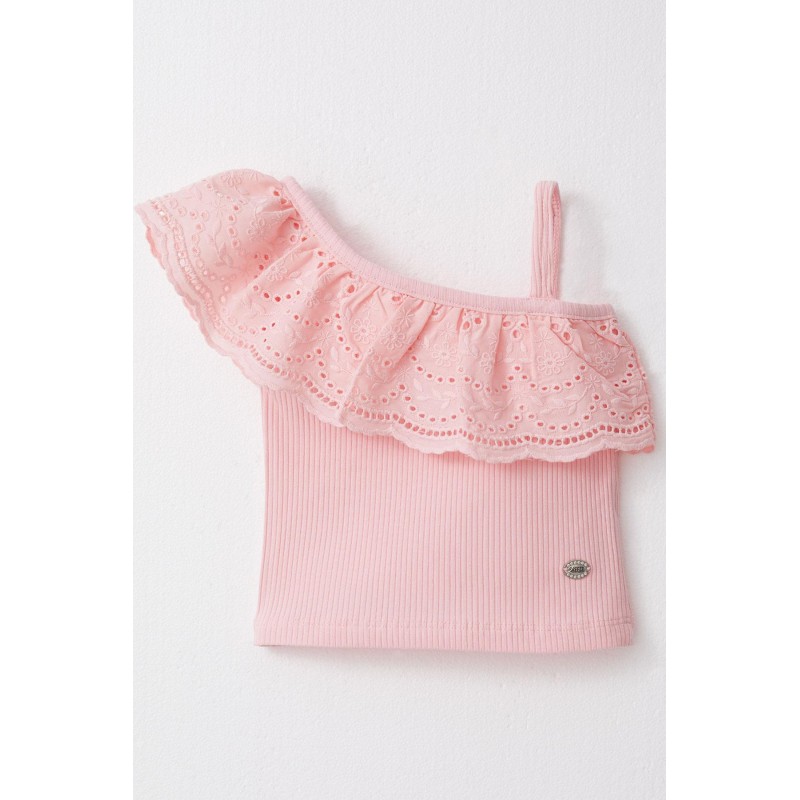 Kız Çocuk Crop Tişört Tek Omuzlu Güpür Detaylı Pembe (2-6 Yaş)