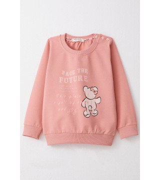 Kız Çocuk Sweatshirt Ayıcık & Yazı Baskılı Gülkurusu (1.5-5 Yaş)