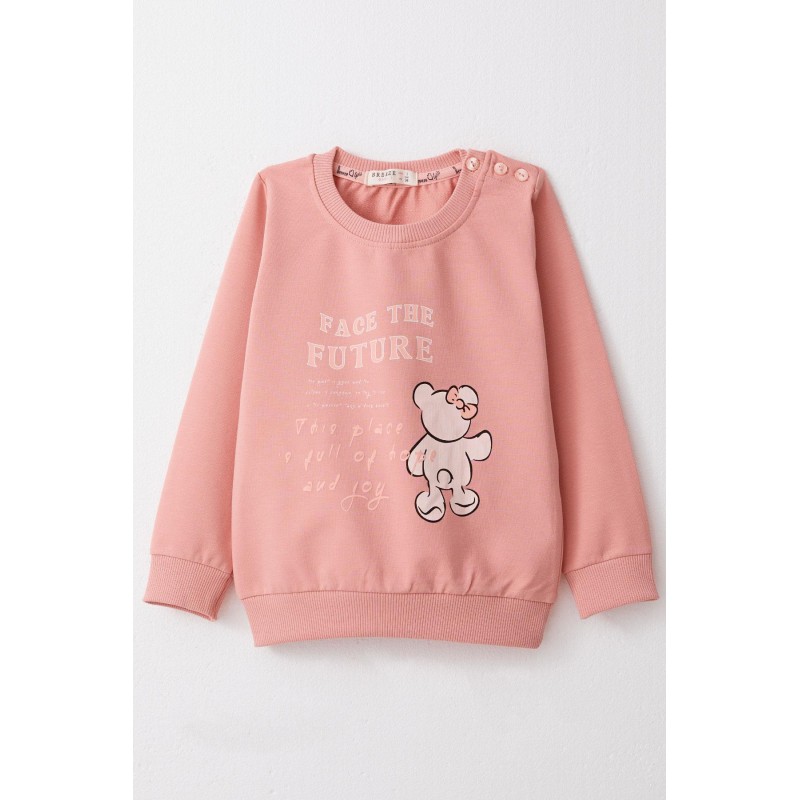 Kız Çocuk Sweatshirt Ayıcık & Yazı Baskılı Gülkurusu (1.5-5 Yaş)