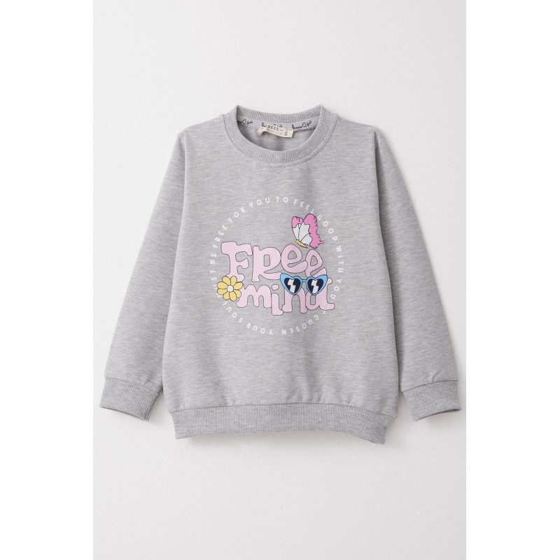 Kız Çocuk Sweatshirt Yazı & Kelebek Baskılı Açık Gri Melanj (3-8 Yaş)